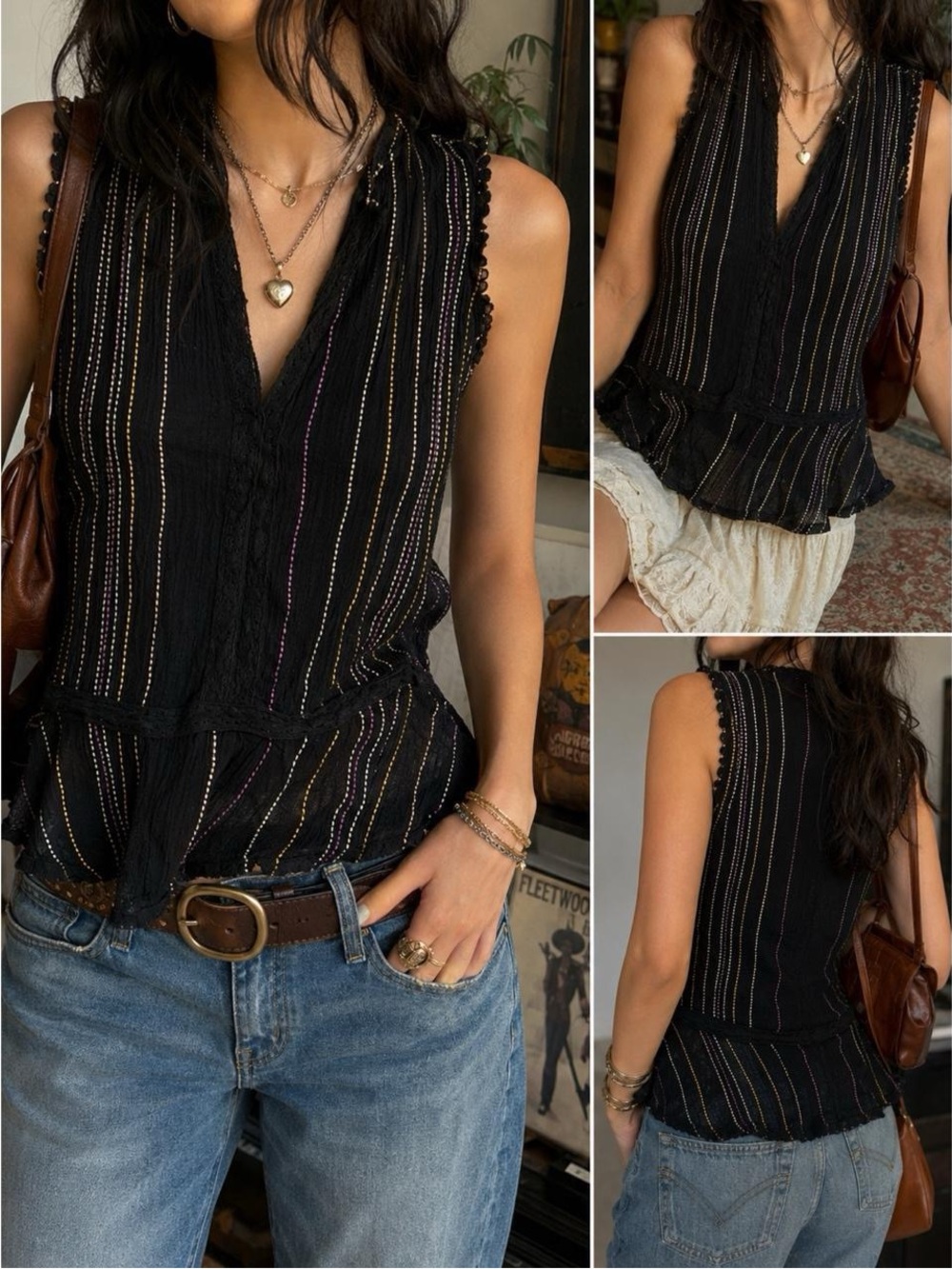 Michael Stars XS Black Striped Lace Trim Boho Ruffle Hem Tank Top